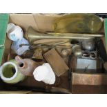 A box of sundries to include metalware, silver napkins rings etc   ( 37887)