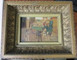 A Victorian picture, on mahogany panel, a cart of ale jars pulled by dogs, 4ins x 6.5ins