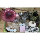 A box of assorted items, to include glasware, lamp, metalware Nao duck etc, together with another