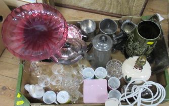 A box of assorted items, to include glasware, lamp, metalware Nao duck etc, together with another