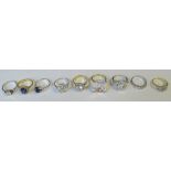 Nine various silver and other rings
