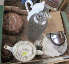 Two copper jelly moulds, a soda syphon and other items