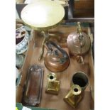 A box of assorted metalware, to include candlesticks, brass table etc