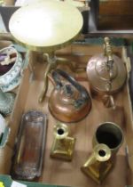 A box of assorted metalware, to include candlesticks, brass table etc