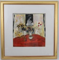 Leo McDowell, mixed media, Portrait with Flower Table, 15ins x 14.5ins