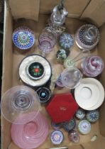 A box of assorted paper weights, glass vases etc including Millefiori examples