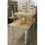 A pine topped kitchen table, with painted base, 60ins x 35ins, height 30.5ins, together with a set