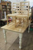 A pine topped kitchen table, with painted base, 60ins x 35ins, height 30.5ins, together with a set