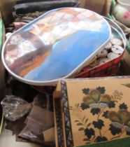 A box of sundries, to include sewing items and a piano shaped jewellery box