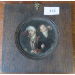 A Antique circular oil painting, two men, diameter 3.75ins