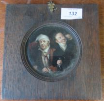 A Antique circular oil painting, two men, diameter 3.75ins