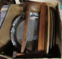 A box of metalware, sundries etc