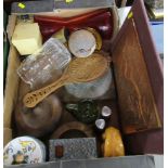 A box of assorted sundries, metalware, including plaque