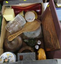 A box of assorted sundries, metalware, including plaque