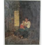 An oil on canvas, interior scene with mother and child, unframed, 30ins x 24ins