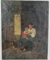 An oil on canvas, interior scene with mother and child, unframed, 30ins x 24ins