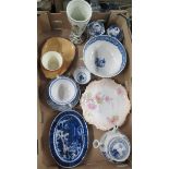 A box of assorted china, to include oriental style cannisters, antique Blue and White bowl decorated