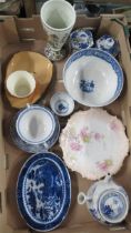 A box of assorted china, to include oriental style cannisters, antique Blue and White bowl decorated