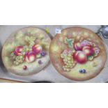 Two cabinet plates, decorated with fruit to a mossy background by leaman, diameter 10.5ins