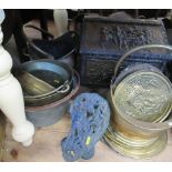 A collection of metalware to include coal scuttle, coal box etc