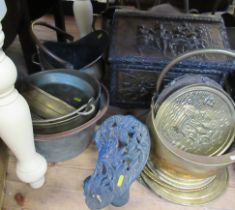 A collection of metalware to include coal scuttle, coal box etc