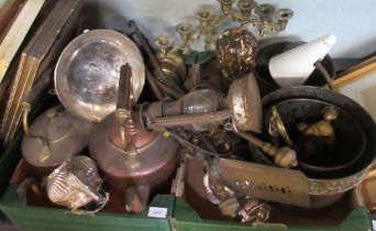 Two boxes of metalware, including, large circular tray, scuttles etc