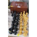 A Jacques Staunton wooden chess set, with weighted bases, height of King 4.25ins, in a mahogany box