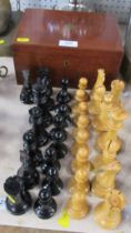 A Jacques Staunton wooden chess set, with weighted bases, height of King 4.25ins, in a mahogany box