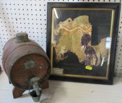 An oak barrel, on stand, together with a bark painting and another print