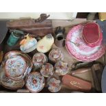 A box of assorted items, to include Oriental porcelain, a vintage football rattle, oil can etc