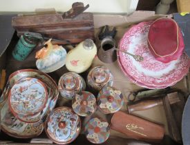 A box of assorted items, to include Oriental porcelain, a vintage football rattle, oil can etc