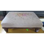 A small mahogany and upholstered foot stool, stamped Lamb Manchester, 14.5ins x 12ins, height 5ins
