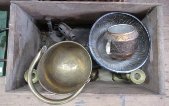 A wooden crate containing metalware, to include candlesticks, scales, fire extinguisher, bowl etc