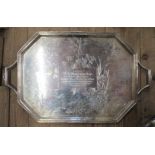 A Victorian silver plated tray, with engraved decoration and inscription