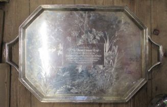 A Victorian silver plated tray, with engraved decoration and inscription