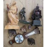 A carved wooden model, of a monk, together with a bronzed fisherman and other models, records and