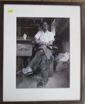 Jamie Cartwright, photograph, seated man in tailors shop, 14ins x 10.5ins, together with various