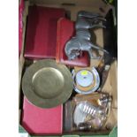 A box of assorted metal ware, cutters, cruet, horse door stop etc