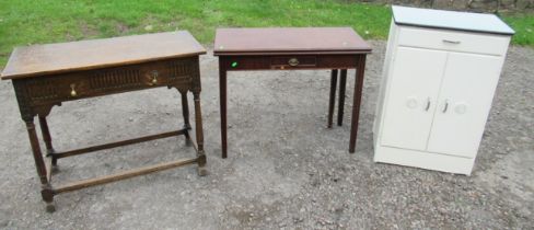 An oak hall dining table width 36ins, height 31ins, depth 18ins, a 19th century mahogany fold over