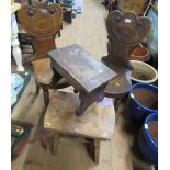 A pair of 19th century hall chairs, three stools and towel rail