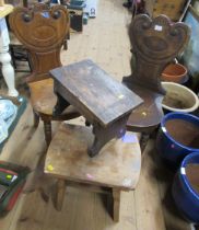 A pair of 19th century hall chairs, three stools and towel rail