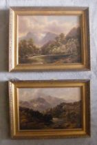 W H Rooke and R Herd, two oil on artist board, landscapes with rivers, trees and mountains beyond,