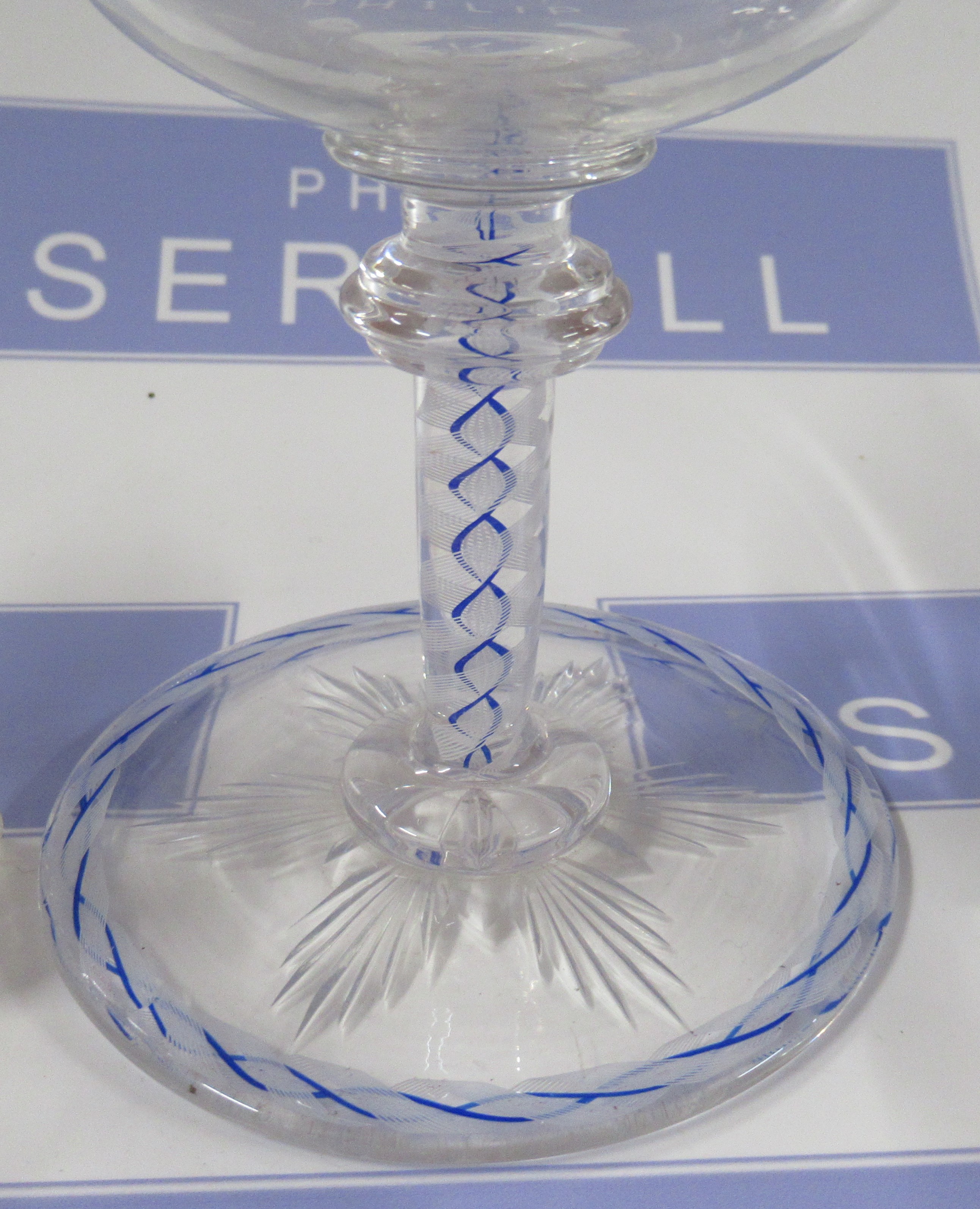 A drinking glass, with blue and white twist cane decoration, height 6.25ins, together with a glass - Image 2 of 7