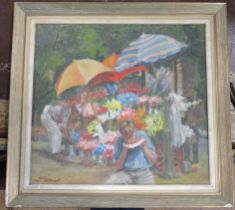 A 20th century oil on artist board, boy eating a melon slice with flower cart behind, 12.5ins x 13.