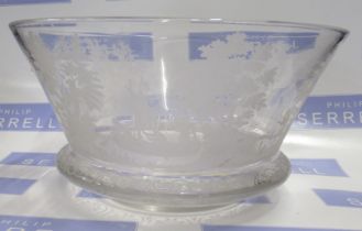 A glass bowl, with etched decoration of figures in boats and fishermen, diameter 12ins, height 6ins