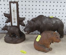 Three Black Forest carved bears, one mounted with a thermometer
