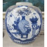 An Oriental blue and white ginger jar, lacking cover and damaged, height 7.5ins