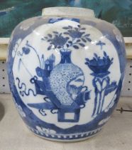An Oriental blue and white ginger jar, lacking cover and damaged, height 7.5ins