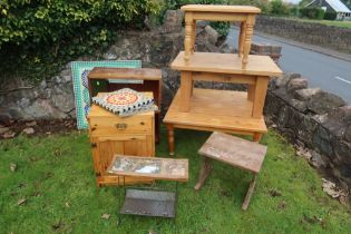 A collection of furniture to include pine coffee tables, glazed shelves, tile tops