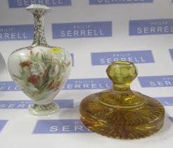An amber glass paperweight, with inscription, together with a Continental porcelain vase,